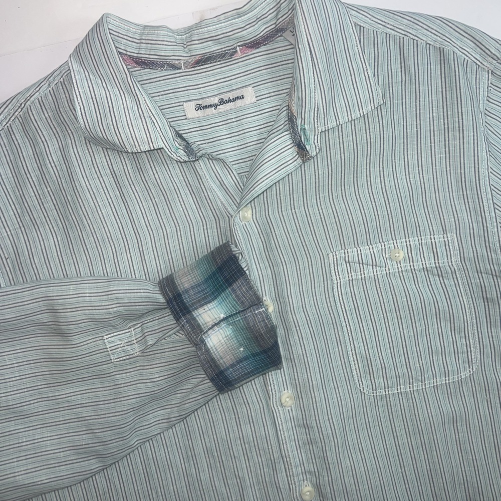 Tommy Bahama Shirt Mens Large Blue Striped‎ Linen Lyocell Short Sleeve Button Up